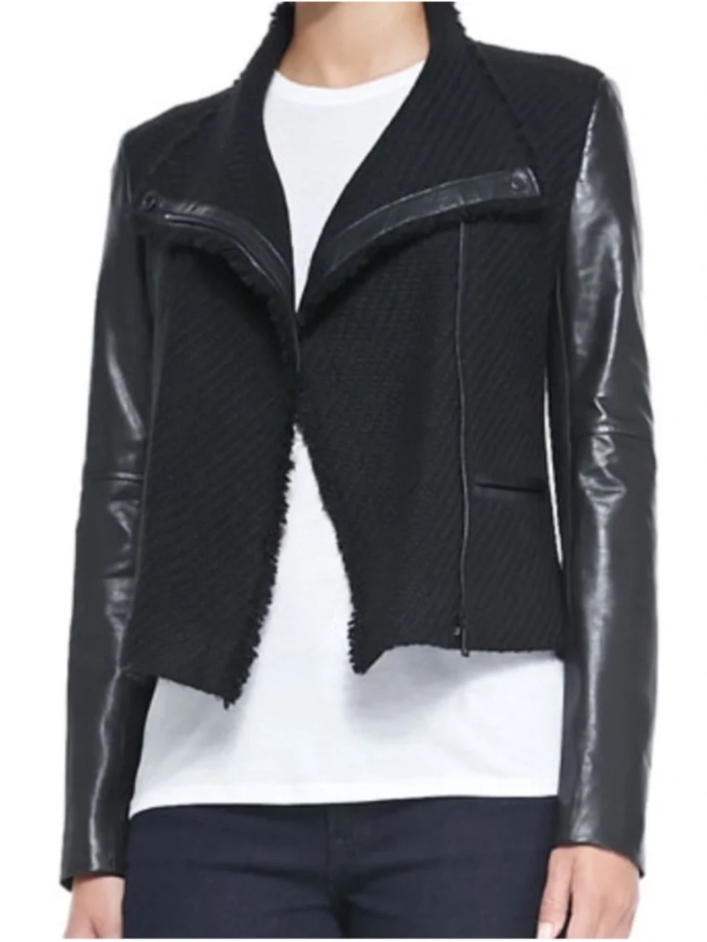 Vince Wool Boucle Moto Jacket Genuine Leather Designer Small